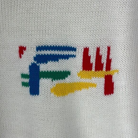 Tan F Jay Vintage White Sweater with Colorful Design Size Small - Picture 2 of 5